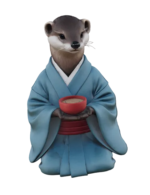 Oriental-themed figurine of an Philosohouse mongoose the Wise one in a blue robe holding a red bowl against a black background